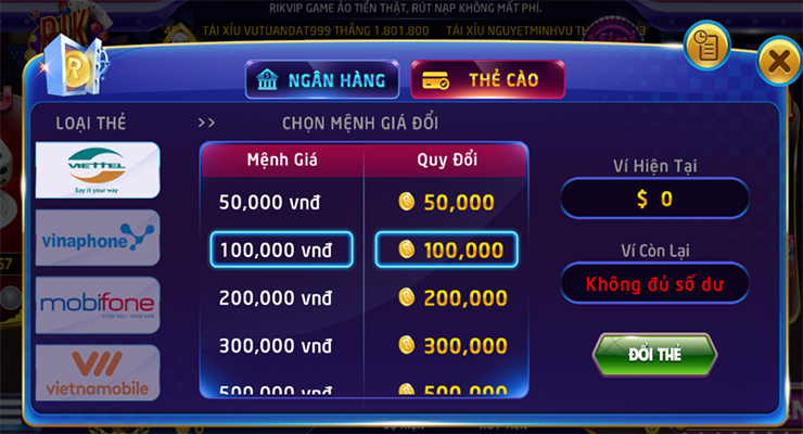 Rikvip cung cấp nhiều nhà mạng đổi thẻ cào cho hội viên